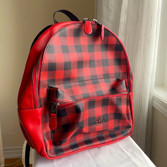 Red Checkord Authentic Coach backpack. - Picture 2 of 7